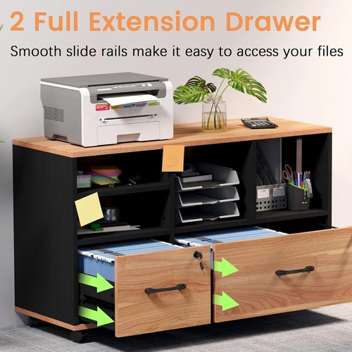 Wooden 2-Drawer Lockable Rolling File Cabinet with Adjustable Shelves