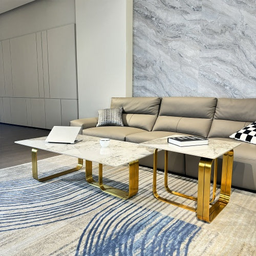 Gold & Sintered Stone Coffee Table Set – Modern Dual-Layer Design 2-Piece