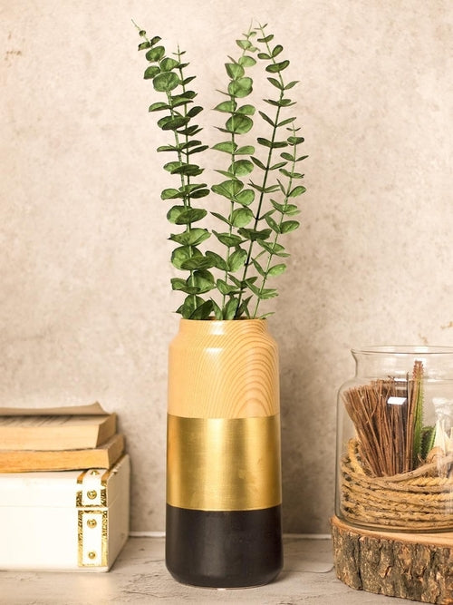 Modern Wood-Accented White & Gold Ceramic Vase